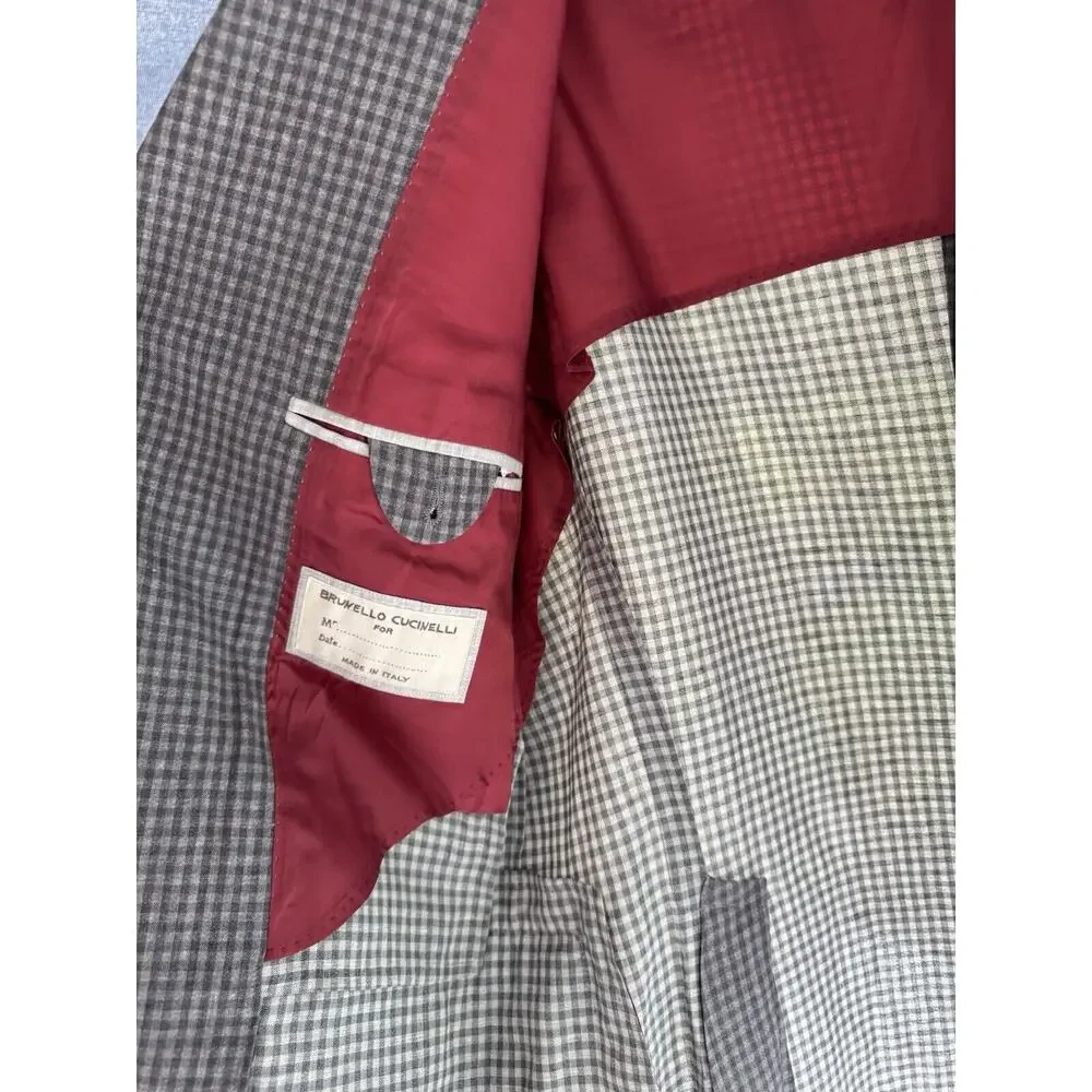 Brunello Cucinelli Linen Wool Silk Gingham Plaid Check Blazer Jacket 52/42 Gray